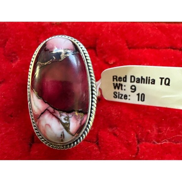 Red Dahlia Turquoise Oval 925 Sterling Silver Ring Size 10.  9gms - Picture 1 of 7